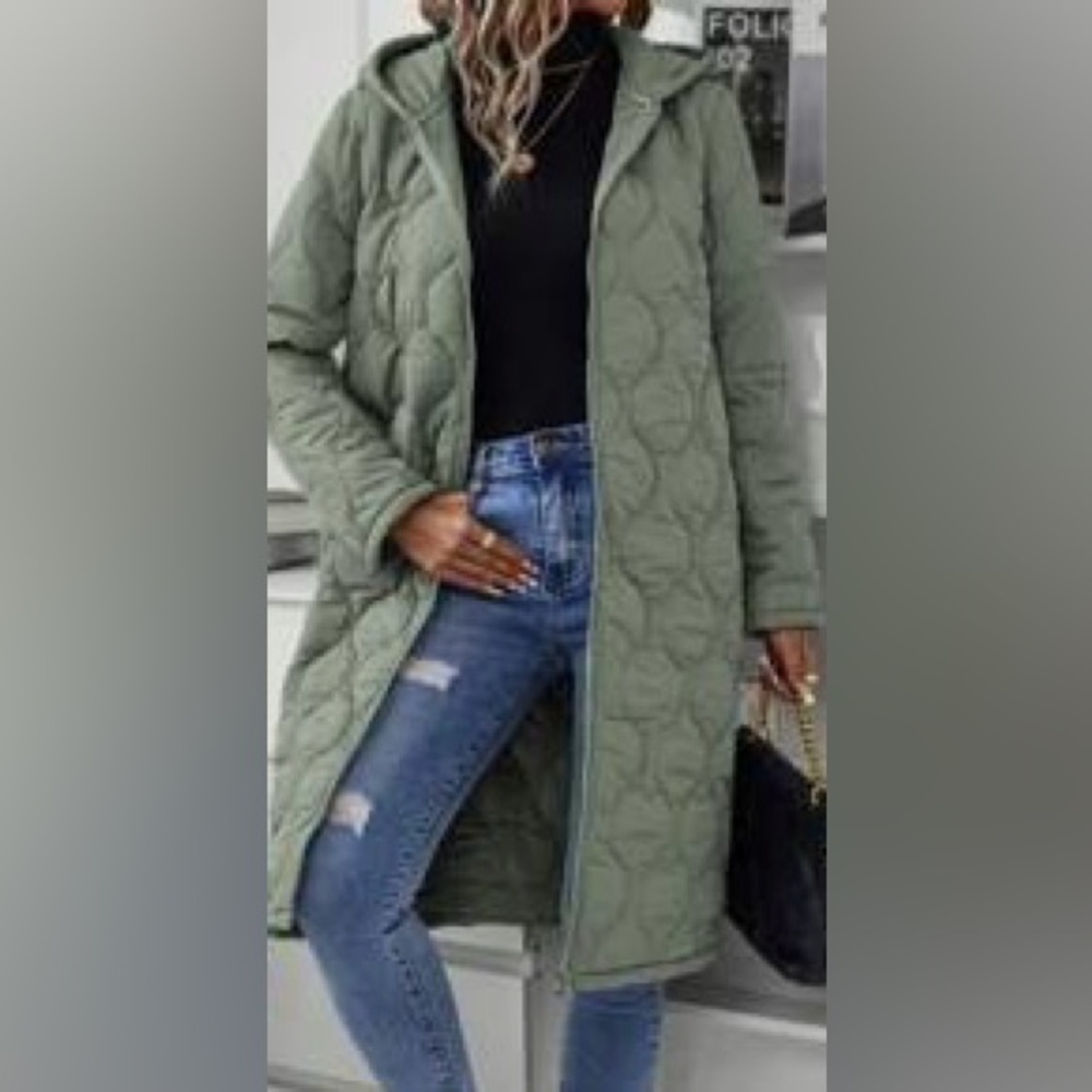 SHEIN- Quilted Hooded Long Coat in Sage Green - Women's Jacket & Coat, Size L